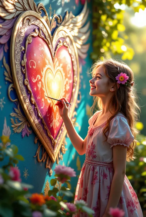  bright colors , A girl with a smile ,  in her hand a beautiful brush draws a heart on the wall very beautiful with patterns and...