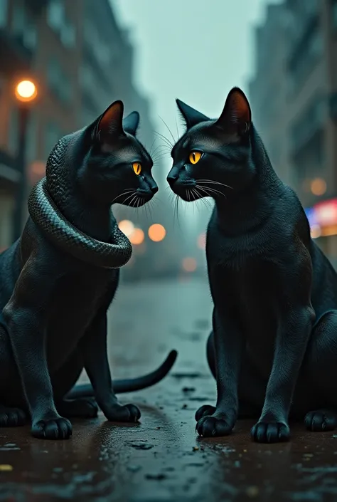 A cinematic video of a snake and a cat slowly merging into a single, powerful hybrid creature. The two animals start to move tow...