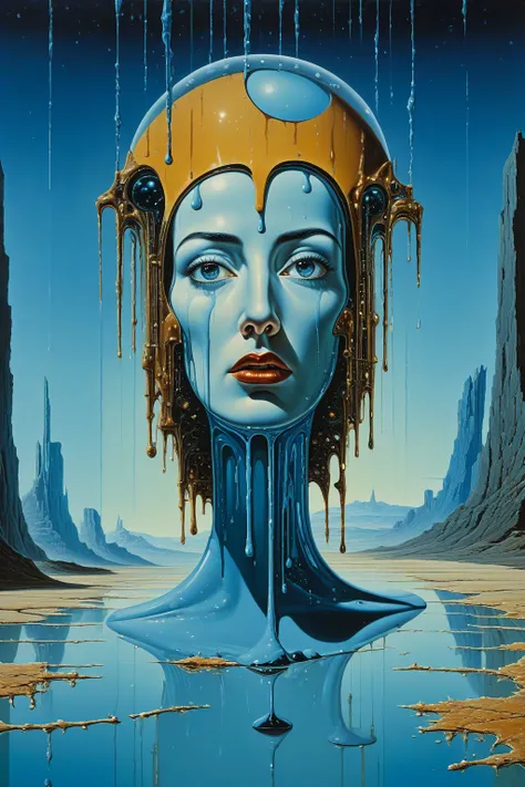 surrealist painting by Salvator Dalì, striking and futuristic cyberpunk woman portrait, sci-fi environment, dripping, melting, s...