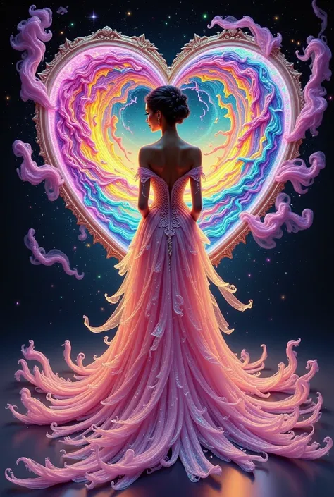  A dreamy, ethereal princess with a 3D textured, intricate silhouette, reminiscent of Disney's romanticism, stands with her back...