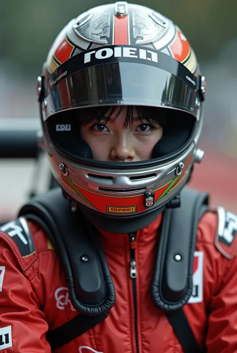 1girl is wearing F1 helmet, (((SHOEI helmet))), circuit, ((sitting F1 cockpit)), hard breathing, Japanese girl, cute girl, black...