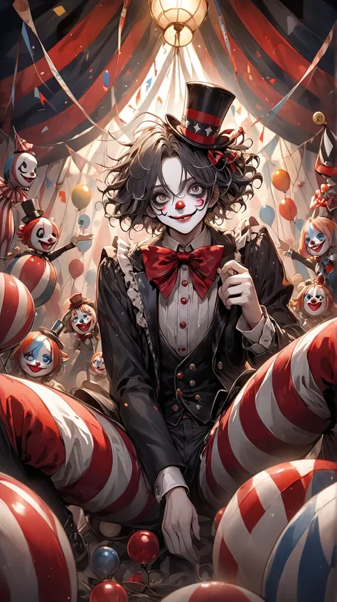    Tim Burton Style、circus clown、 dynamic composition、Lively decorations、