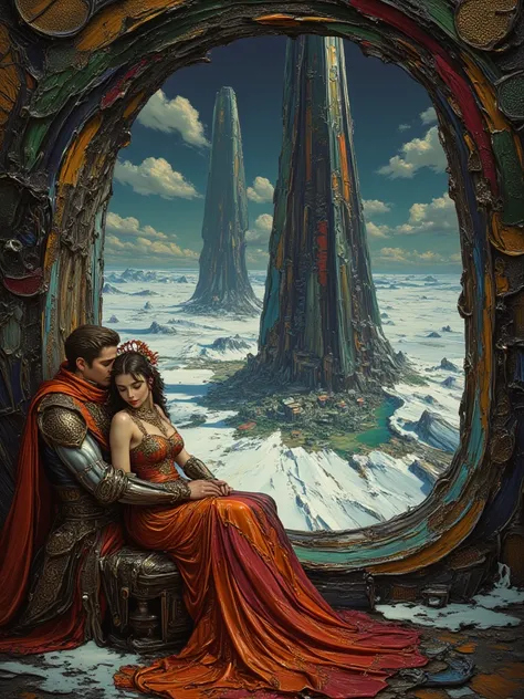 Couple man and woman on hug at a room, window shows out a stunning landscape, intimacy, love, sci-fi templars, objects and artif...
