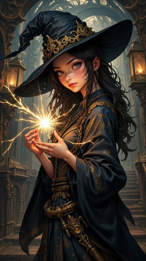 A complex work ， depicting a charming European Instagram model playing a charming witch， with exquisite detail and high quality ...