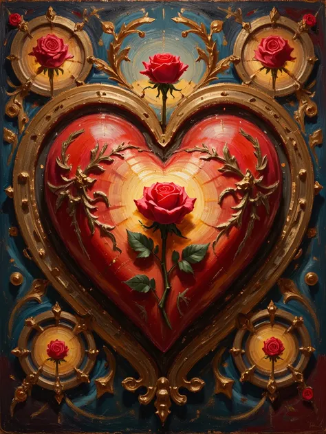 Stunning, big heart with a rose, strange painting, Raphael-style 3D image, sharp focus, romantic realism, surrealism, to create ...