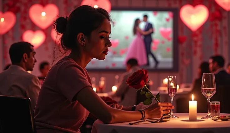 A melancholic young woman sits alone at a table in a dimly lit, upscale restaurant, surrounded by couples celebrating Valentine'...