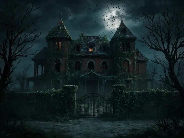 Picture of an old abandoned Western-style building,Broken Windows and Cracked Walls , Exterior Walls Involved with Ivy ,Dramatic...
