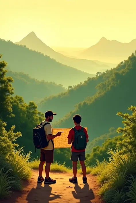 Prompt: A vast, scenic landscape with rolling green hills leading into a dense jungle. Hamza and Zain stand on a dirt path, stud...
