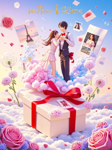 Transparent watercolor texture，White space artistic processing。Q version couple sitting on a letter written by a feather pen，Gir...