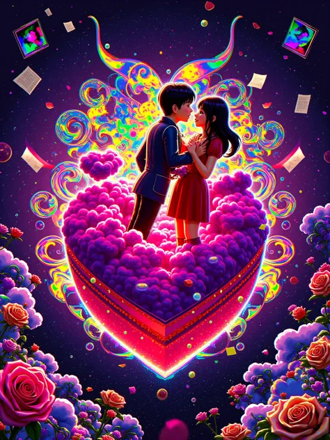 CRT glitch effects with RGB chromatic aberration. Pixelated lovers embrace in collapsing data matrices, limbs fragmenting into A...