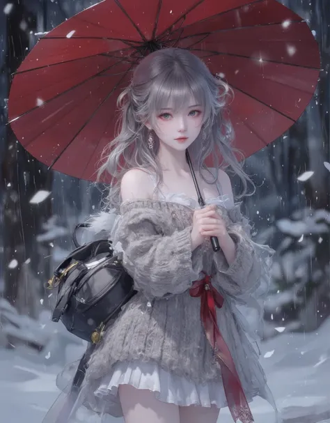 ((( Masterpiece))),  top quality,  Illustration of ,  4k wallpaper ,   cinematic light  ,  absurd,  1 girl,(rain),  holding a re...