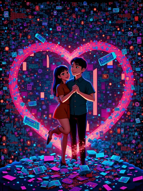 CRT glitch effects with RGB chromatic aberration. Pixelated lovers embrace in collapsing data matrices, limbs fragmenting into A...