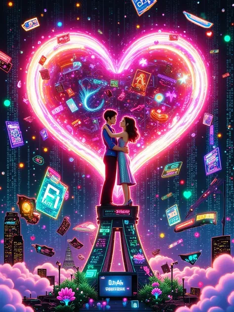 CRT glitch effects with RGB chromatic aberration. Pixelated lovers embrace in collapsing data matrices, limbs fragmenting into A...