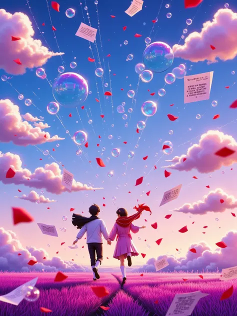 Post-impressionist strokes sakura fall algorithm, cobalt & sakura pink gradients. Anime couple running through Starry Night swir...