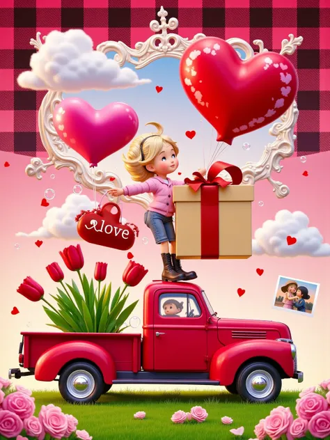  A vintage truck with tulips and heart shaped balloons,  A Valentine's Day gift on the back ,  The background is a red buffalo p...