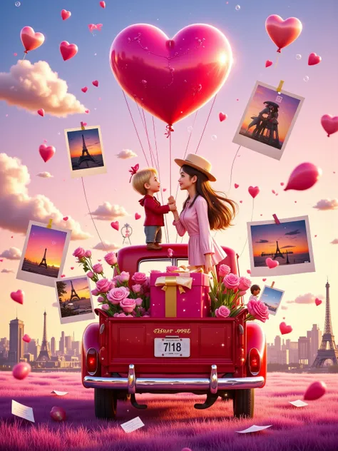  in the pink romantic atmosphere of Valentine's Day, A beautiful woman is in the ,  city sky filled with love balloons ,  A vint...