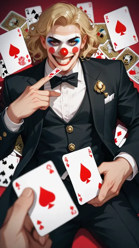 joker, Clown mask, Strong men, Trump card,  black suit , gold ornament,  scary atmosphere where the body shudders,  shining eyes...