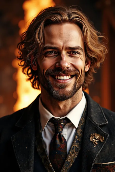  Man with blond brown hair and goatee, A sarcastic and cheerful smile and formal clothing have heterochromia in the eyes, but wi...