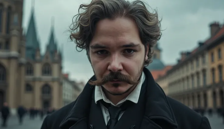 A man resembling Friedrich Nietzsche, with thick, large mustache and an intense gaze. He is dressed in 19th-century European phi...
