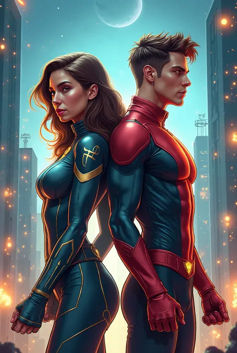Make me a woman and a man of the Gemini sign superheroes version 