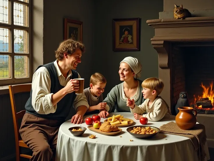  a cozy scene in the interior of a 17th-century Dutch house.  There is a wooden table , covered with a white tablecloth,  with f...