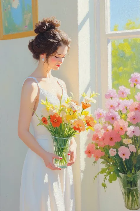 vase painting , Close-up shot of a woman holding a vase with flowers ,  white, Red and yellow,  blooming garden ,, aisle,,  whit...