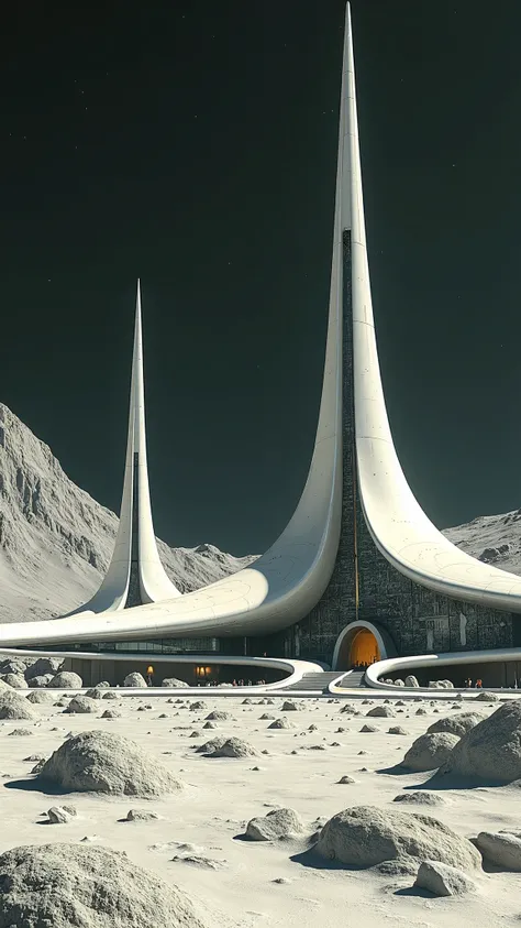 Sleek, elegant architecture on the moon, fantasy painting in the style of John Berkey, 1970s sci-fi book cover., Photo realistic...