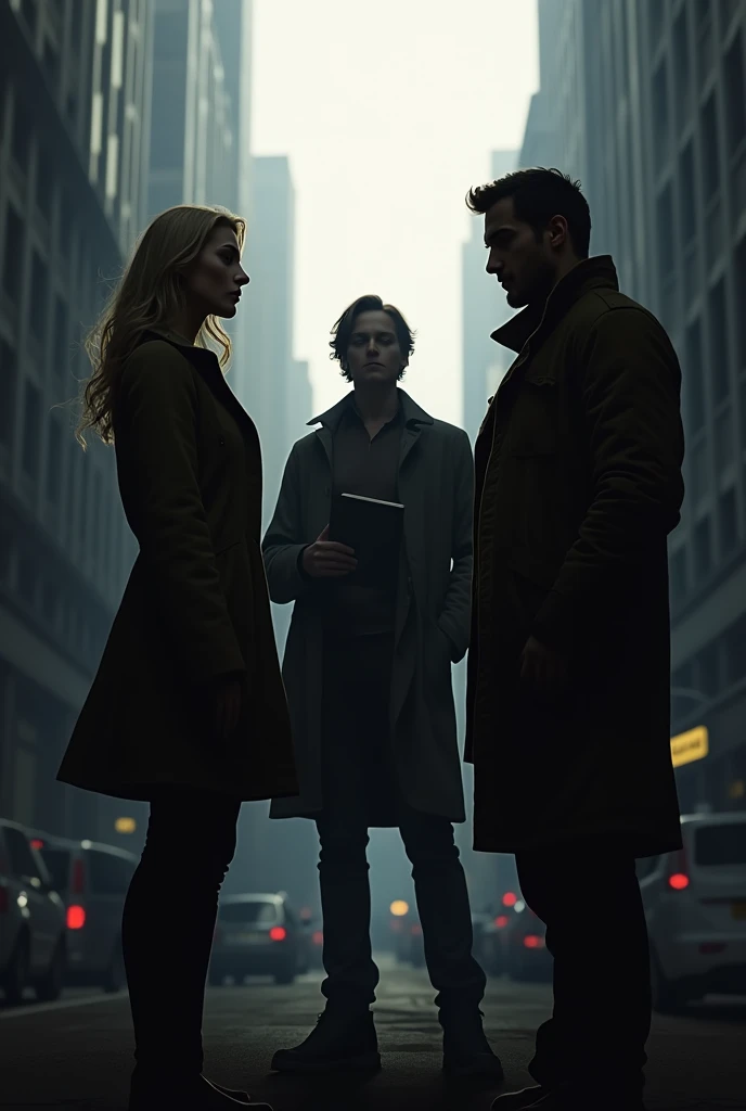 Silhouette of a blond woman and a man in a jacket and with a journalist with a famous journalist preparing to expose the city 