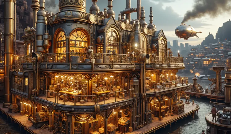 A sprawling steampunk cityscape dominated by glowing gold and silver machinery. The city features towering Victorian-style build...