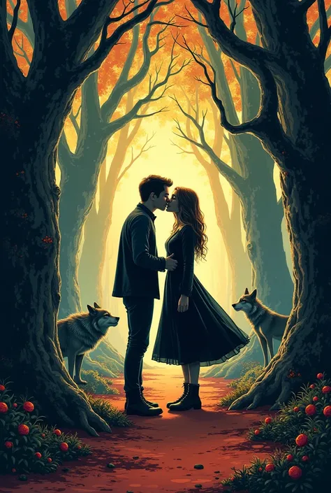 CREATE A POSTER THAT SAYS HANSEL AND GRETEL THE ROAD TO TERROR IN THE CENTER A MAN AND A WOMAN KISSING AND THAT BEHIND IT FALLS ...