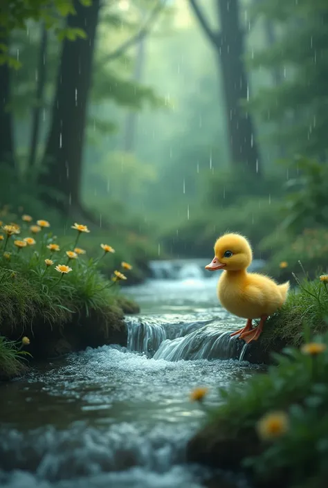 A small yellow duck with soft feathers and expressive eyes stands at the edge of a rushing stream, staring at the strong current...
