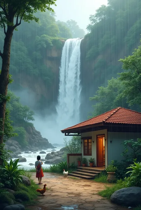 From above, Air terjun sungai berbatu at traditional Indonesian village house , with wall structure ,  modern walls and red tile...