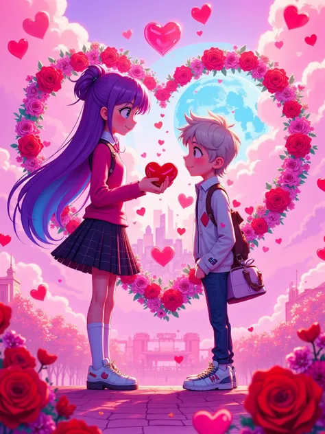  above the floating pink clouds ， The suspended city skyline in the middle of the sky ， The girl's long, gradient violet hair Th...
