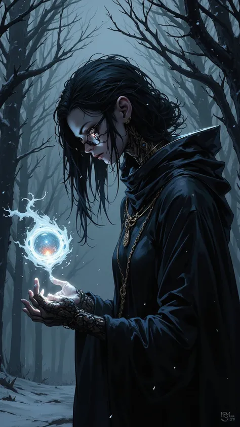  An evil witch wearing a pair of glasses，Look down ，Evil Eye，cunning， Cloak drooping hair ， Elongated head ， Evil gaze ，run， Col...