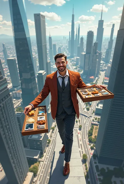 Create a realistic illustration of a salesman with his display walking above the modern world