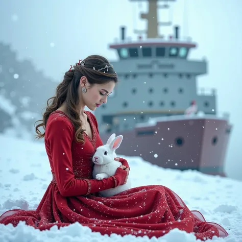generating a realistic image:

"A beautiful young woman wearing a red dress sits on the snow, gently stroking an injured white r...