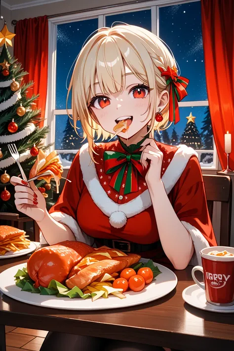  one woman standing upright on the floor、Older sister、 bright blonde 、 semi-long、I'm eating fried chicken while holding it in my...