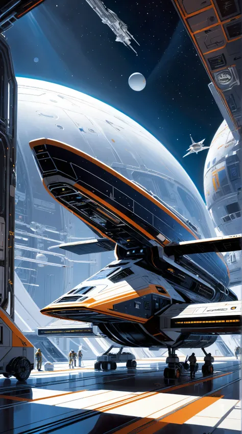 Large spaceship standing in space station, by Syd Mead.
best quality, masterpiece, intricate details, ultra-detailed, 8k quality...