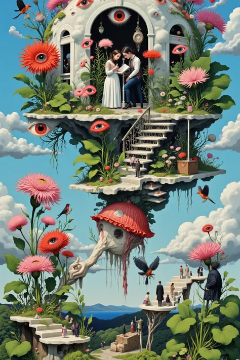 Surrealist works of art,  A woman walking on a floating staircase , Observe the eyes of women's faces , A Victorian theatre stag...