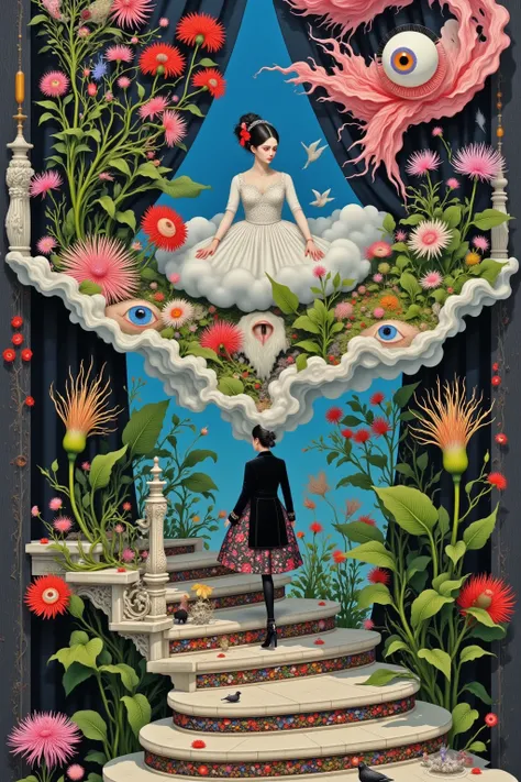 Surrealist works of art,  A woman in a dress walks on a floating Victorian staircase,There are flowers on the stairs , a victori...