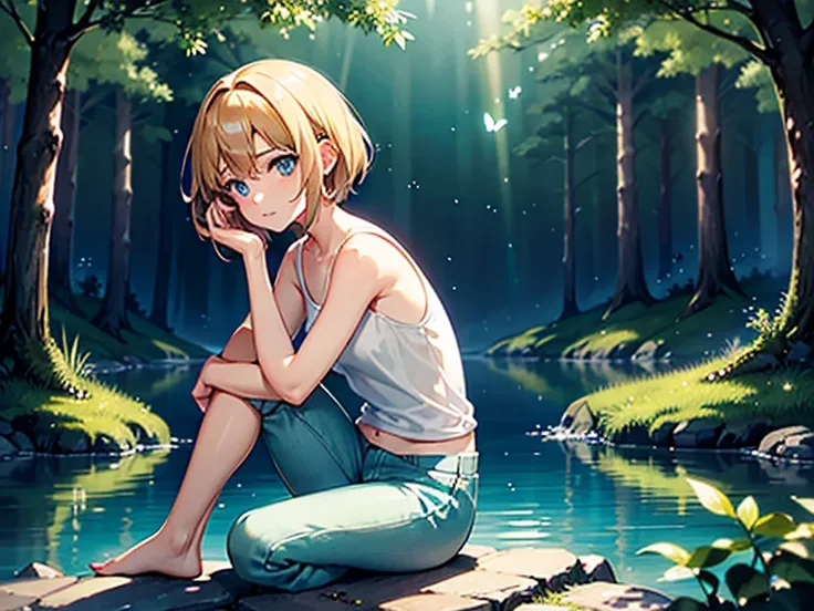  outfit,  Anime style/ manga inspired by Makoto Shinkai .  A 20-year-old girl with short blond hair ,  natural golden reflection...