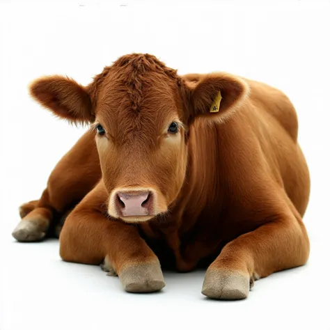 A realistic image of a brown cow with short horns, lying down on a clean white background. The cow has a calm and relaxed expres...