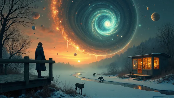 "Surreal fantasy scene of a lone figure in a long coat standing on a wooden balcony, gazing at a swirling cosmic vortex in the s...