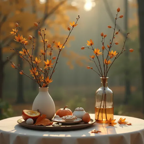 minimalist vintage stilleben photography outside in fall, classic art, dreamy, photorealistic