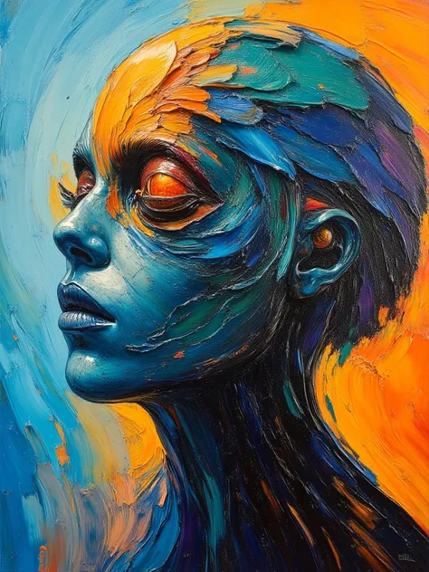Hollow head close on double exposure featuring inside a bunch of long body beings, Jean Giraud mixed with John Berkey paintings,...
