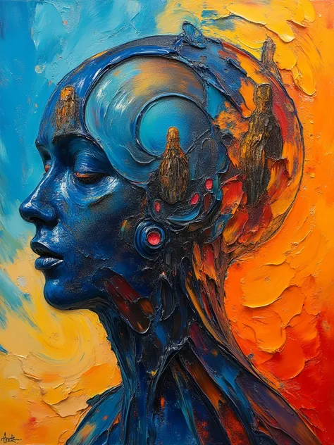 Hollow head close on double exposure featuring inside a bunch of long body beings, Jean Giraud mixed with John Berkey paintings,...