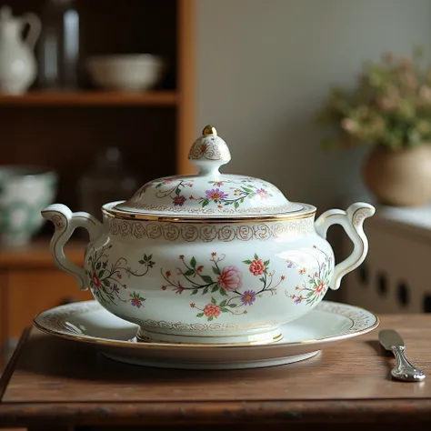 porcelain soup pot with lid, decorated with beautiful patterns and decorations.