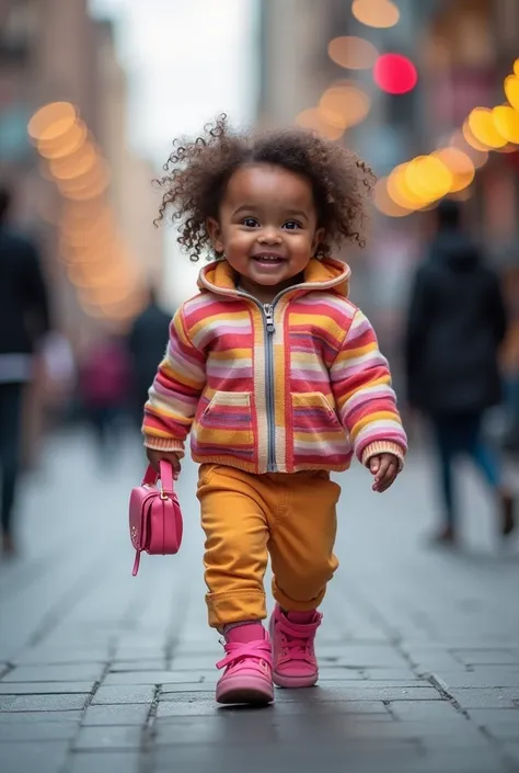 "An adorable  baby model, dressed in a playful and colorful outfit with stripes, carrying a small pink purse. The baby is walkin...