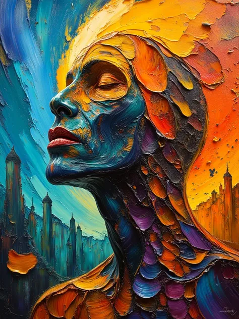 Hollow head close on double exposure featuring inside a bunch of long body beings, Jean Giraud mixed with John Berkey paintings,...