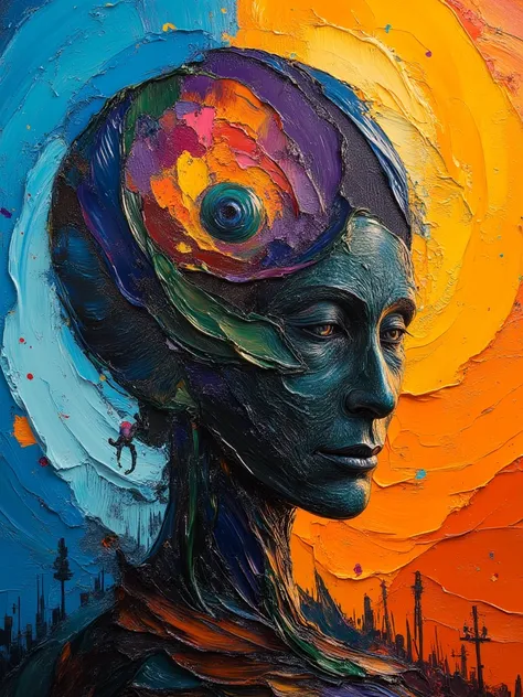 Hollow head close on double exposure featuring inside a bunch of long body beings, Jean Giraud mixed with John Berkey paintings,...